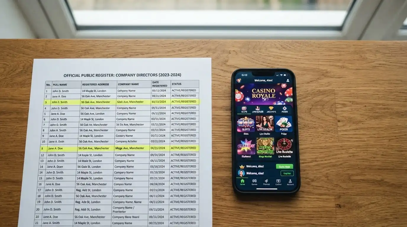 Una scrivania con il logo dell'ADM stampato su un documento ufficiale, accanto a uno smartphone con la schermata di un casinò in inglese