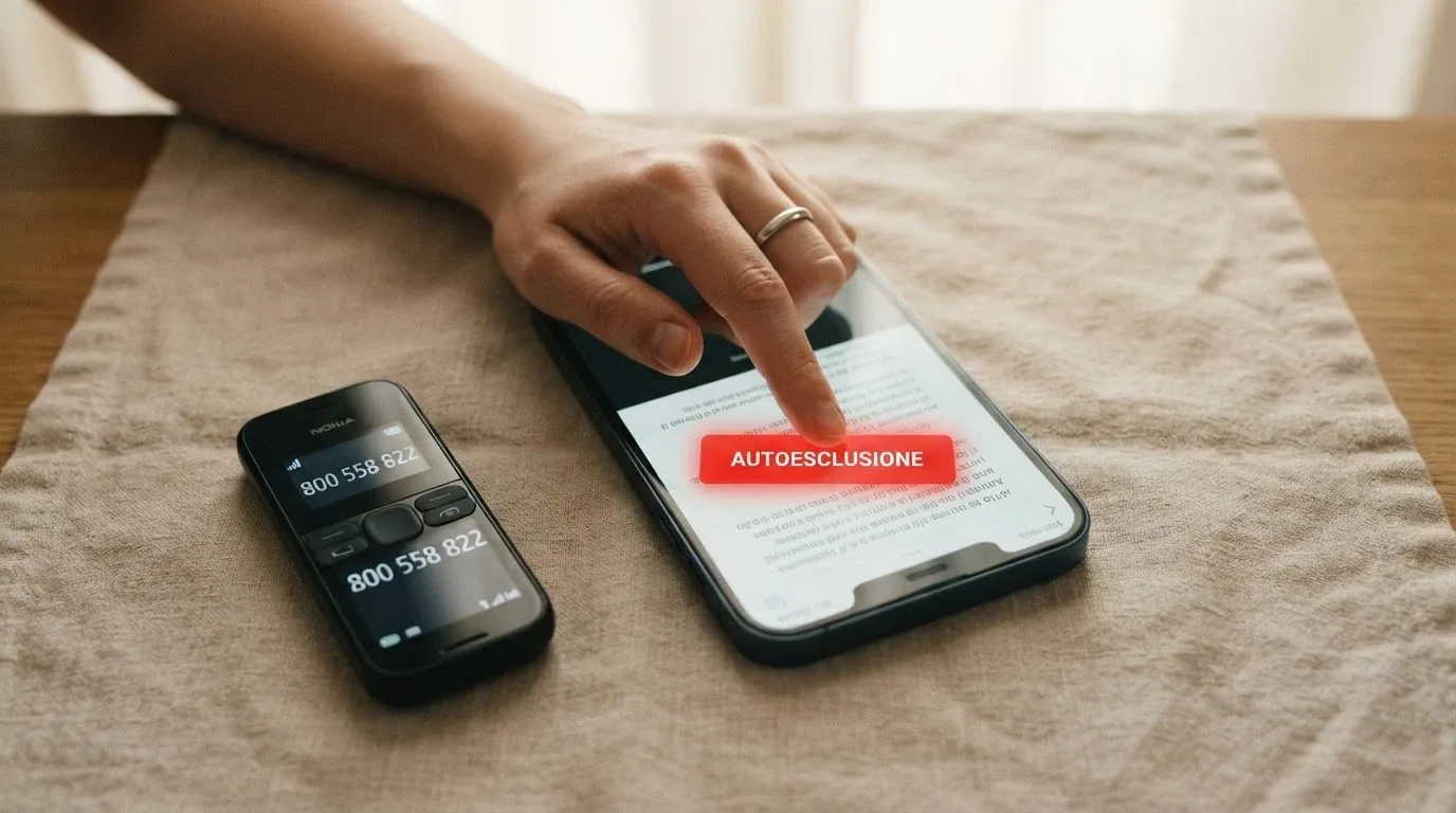 Un primo piano di una mano che preme il tasto «Autoesclusione» sullo schermo di un casinò, accanto a un telefono con il numero verde 800 558 822 sullo schermo
