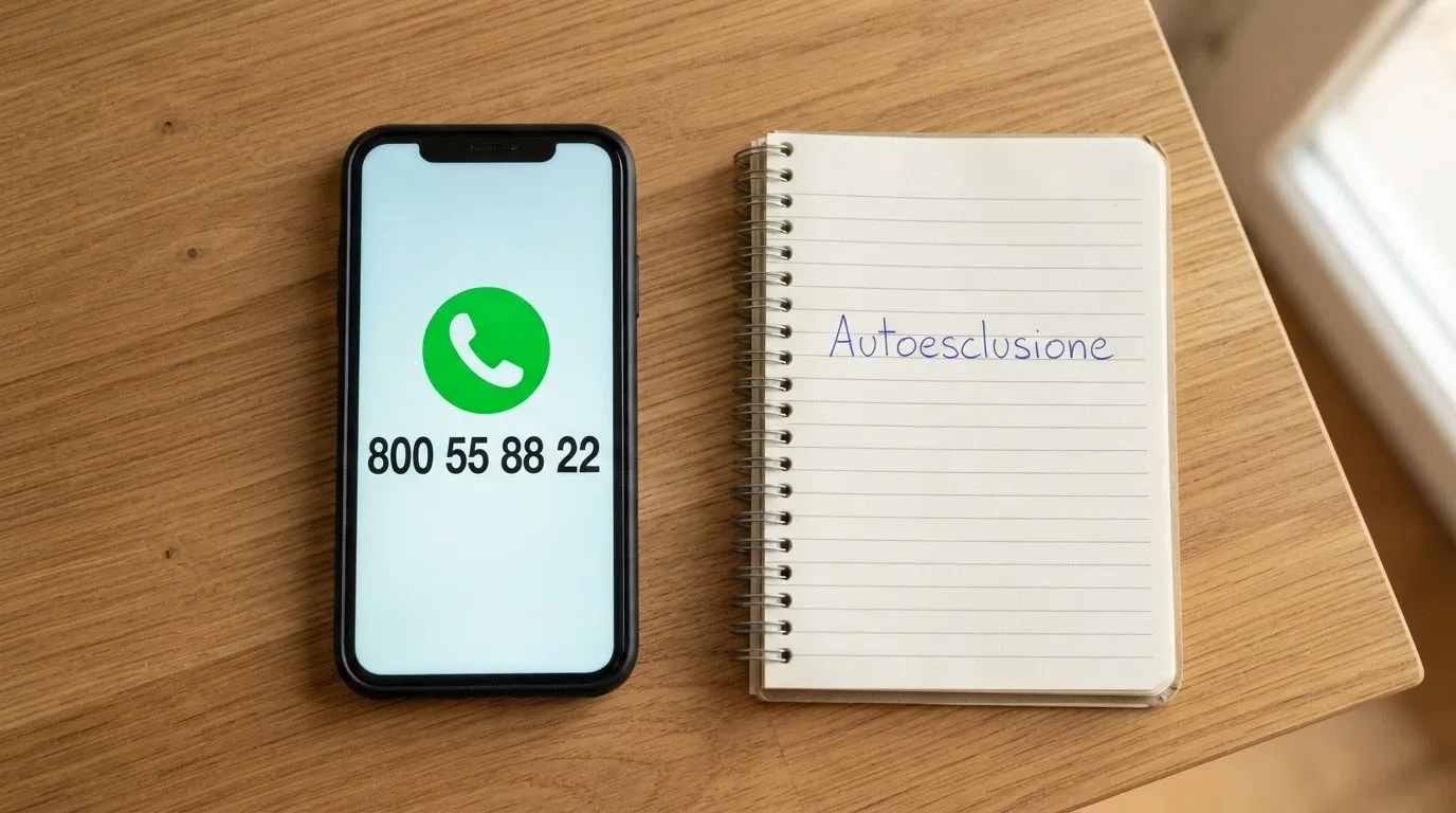 Un telefono con il numero verde 800 55 88 22 sul display, posato su una scrivania accanto a un blocco note con la scritta «Autoesclusione»