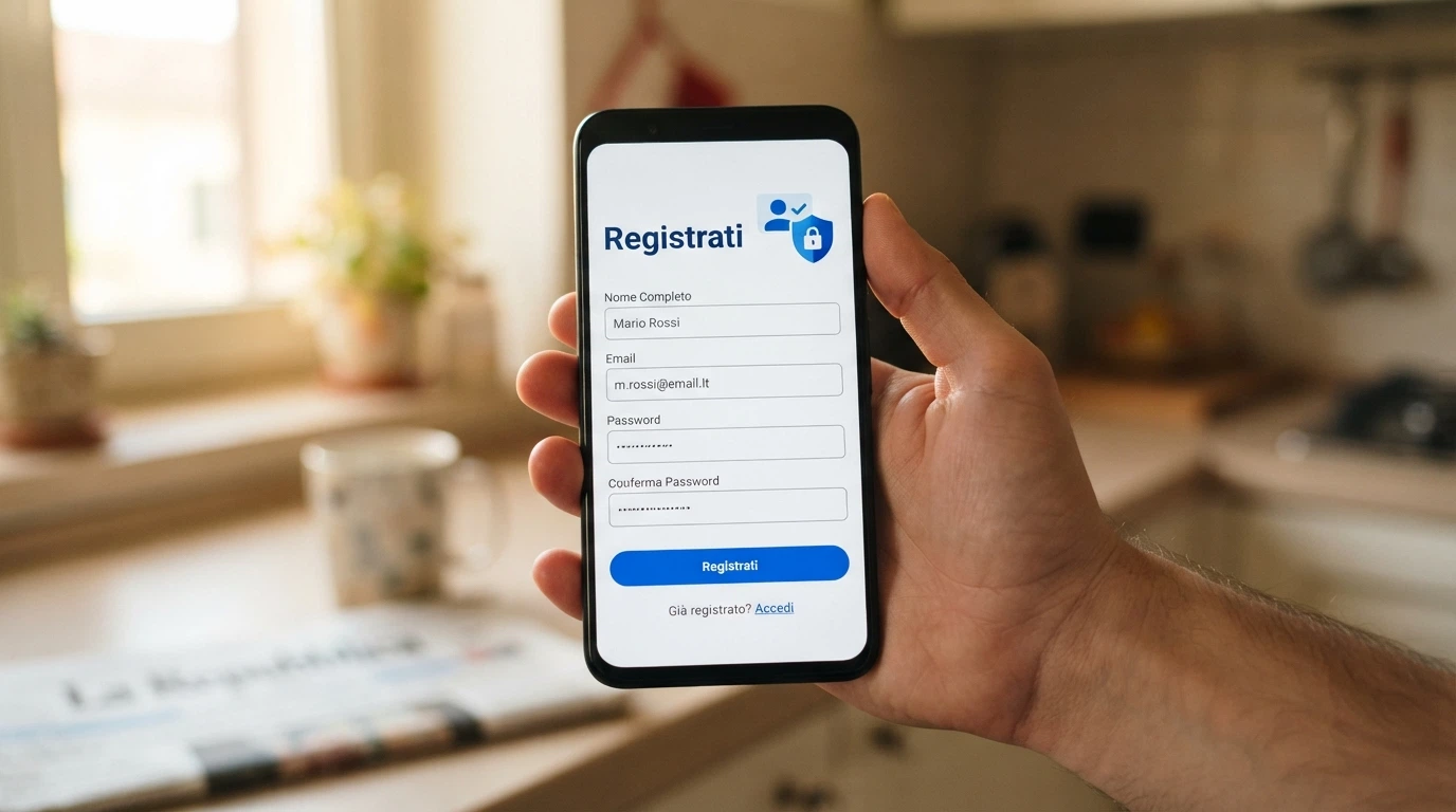 Una mano che tiene un telefono in verticale con l'interfaccia di registrazione di un casinò visibile, accanto a un'icona SPID e una CIE stilizzata