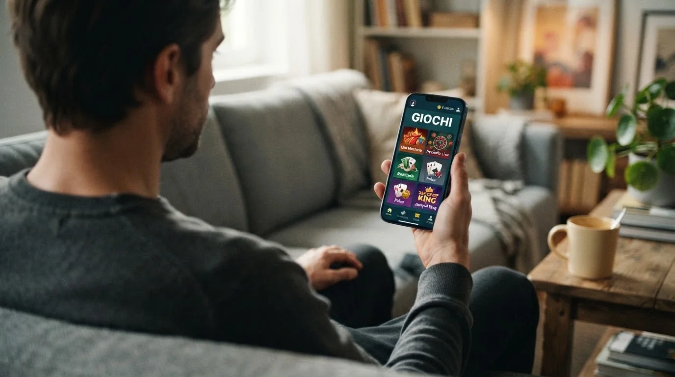 Uno smartphone in mano a un giocatore, con l'interfaccia mobile di un casinò online visibile sullo schermo