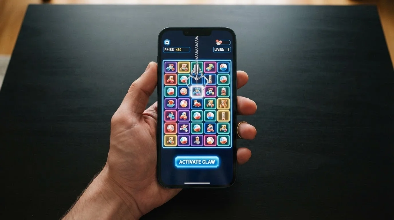 La schermata del mini-gioco Bonus Crab con la griglia, l'artiglio sospeso sopra i premi e il pulsante di attivazione