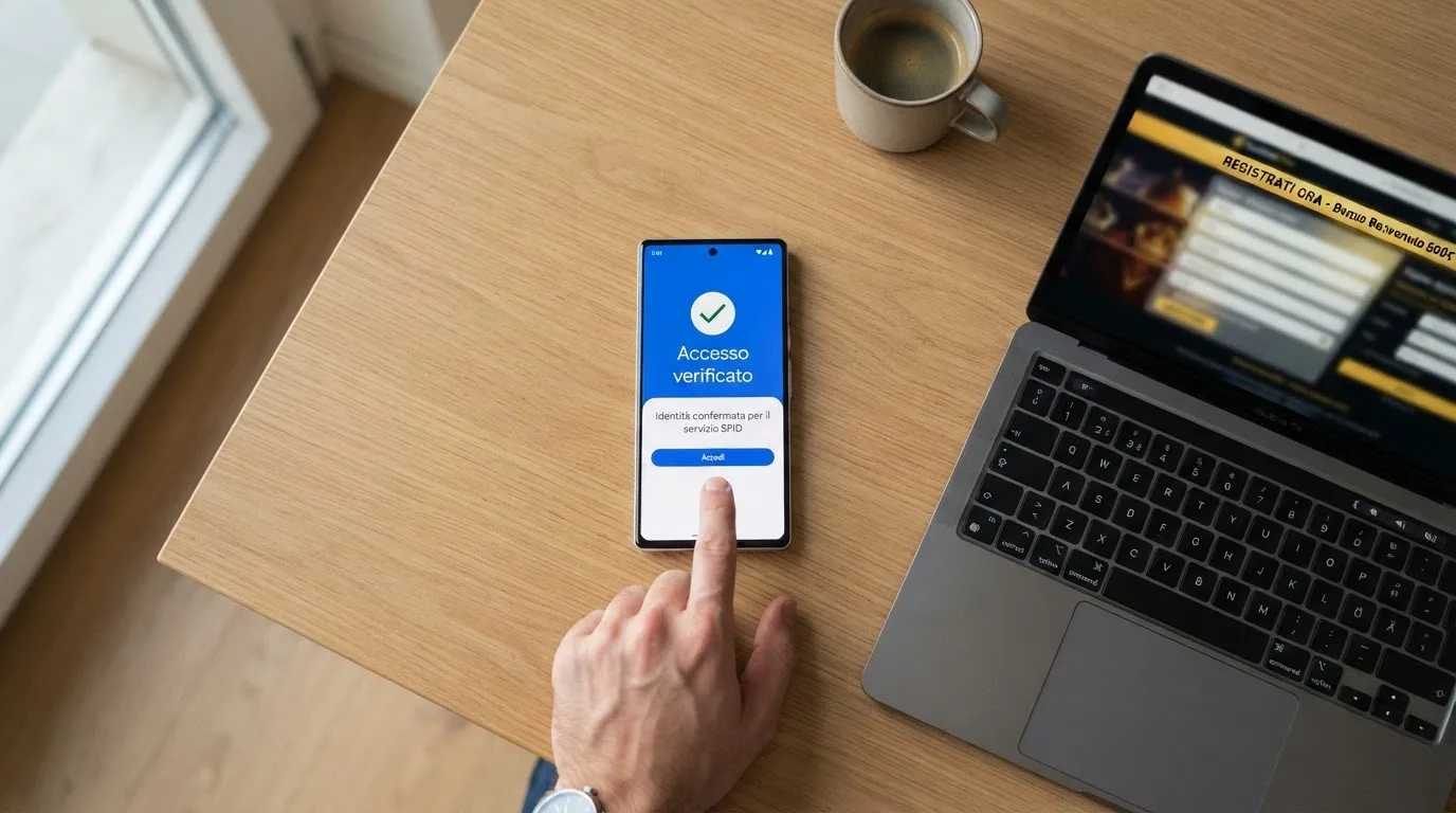 Smartphone con schermata di login SPID accanto all'interfaccia di registrazione di un casinò online