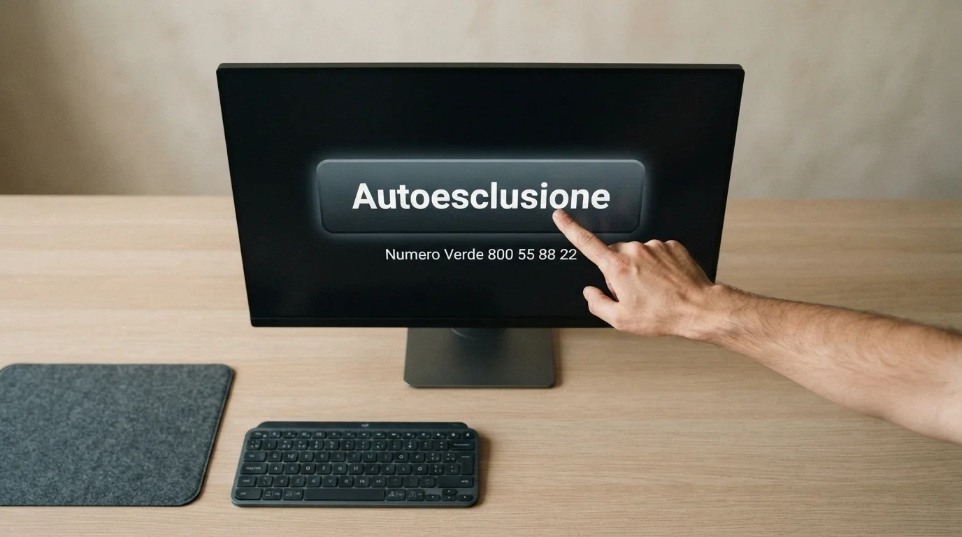 Una mano che preme il tasto «Autoesclusione» sullo schermo di un computer, con accanto il logo RUA e il numero verde 800 55 88 22