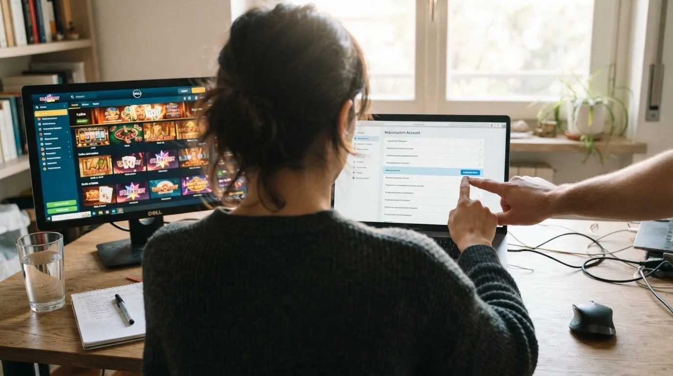 Una mano che preme il tasto «Autoesclusione» su uno schermo, ma il monitor accanto mostra lo stesso casinò ancora aperto e funzionante