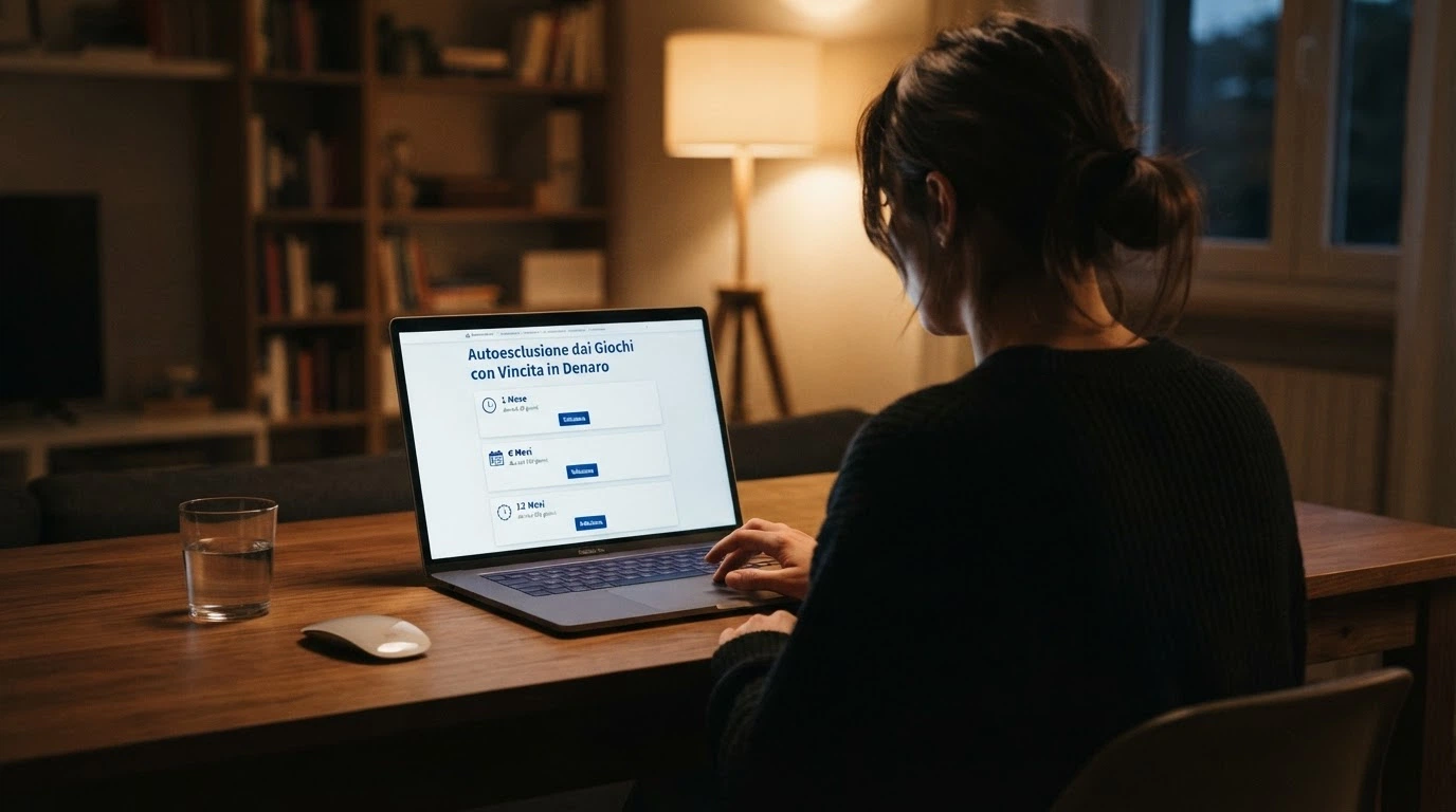 Schermata del portale ADM per l'autoesclusione dal gioco a distanza con opzioni di durata e tipologia di blocco
