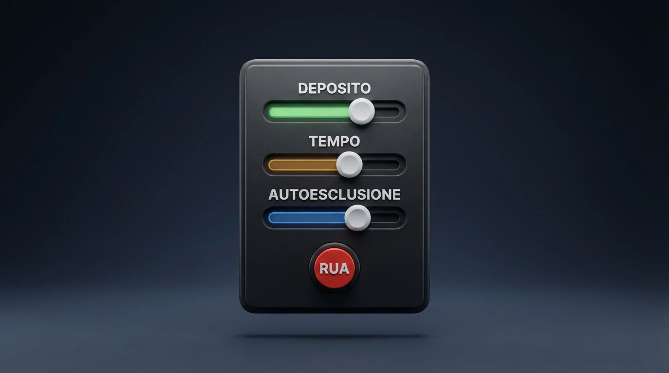 Un pannello di controllo con tre cursori etichettati «Deposito», «Tempo» e «Autoesclusione» e un pulsante rosso con la scritta «RUA»