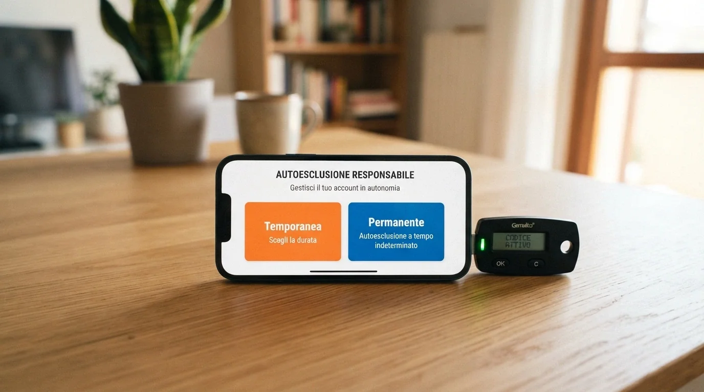 Un'interfaccia di attivazione dell'autoesclusione con le opzioni temporanea e permanente, affiancata dal logo SPID.