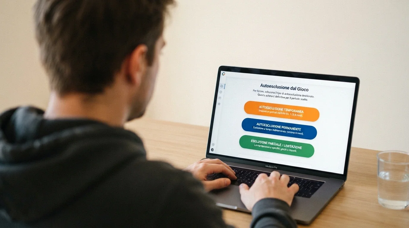 L'interfaccia del portale ADM per l'autoesclusione con le opzioni temporanea, permanente e parziale visibili sullo schermo di un computer.