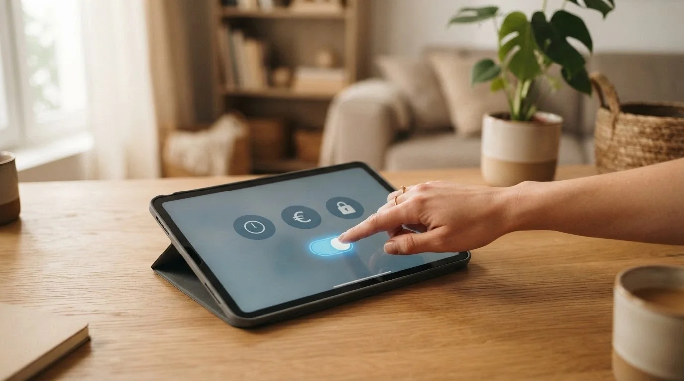 Una mano che attiva un interruttore virtuale con le icone di un limite di spesa, un timer e un lucchetto, su sfondo rassicurante