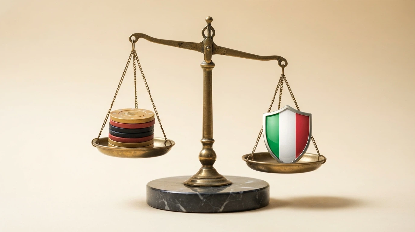 Una bilancia a due piatti in equilibrio precario: su un piatto una pila di fiches con il simbolo dell'euro, sull'altro uno scudo con la bandiera italiana