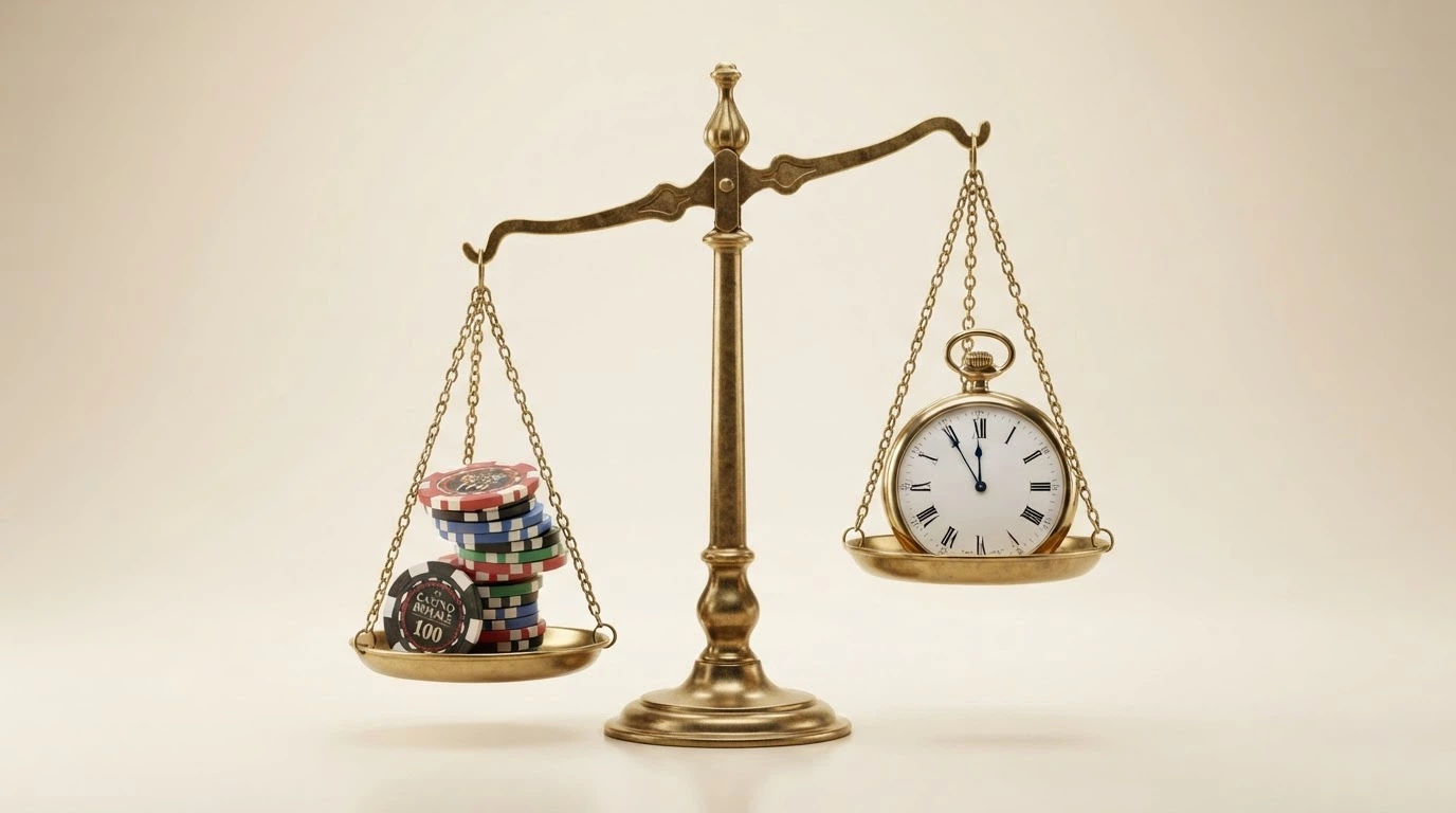 Una bilancia con da un lato una pila di fiches e dall'altro un orologio che scorre, su sfondo neutro