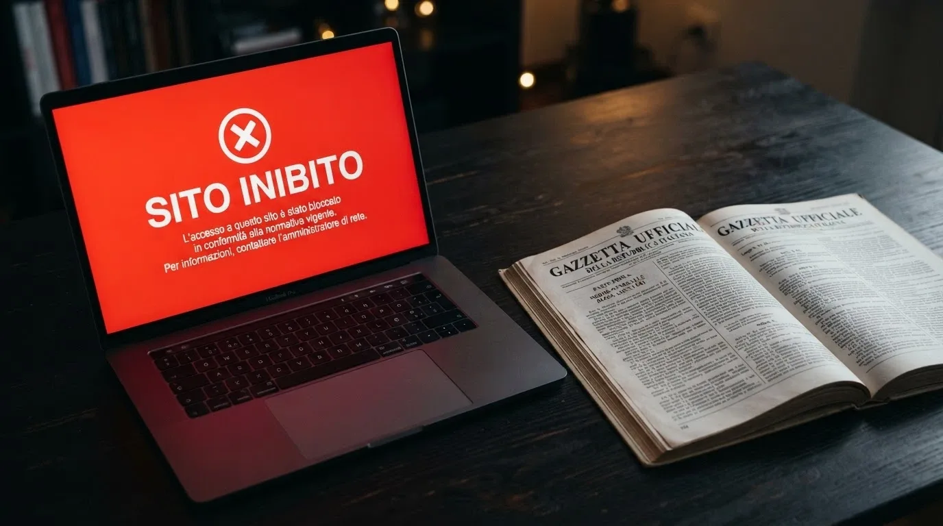 Uno schermo che mostra la pagina di blocco ADM con il messaggio «sito inibito» su sfondo rosso, accanto al testo della Gazzetta Ufficiale