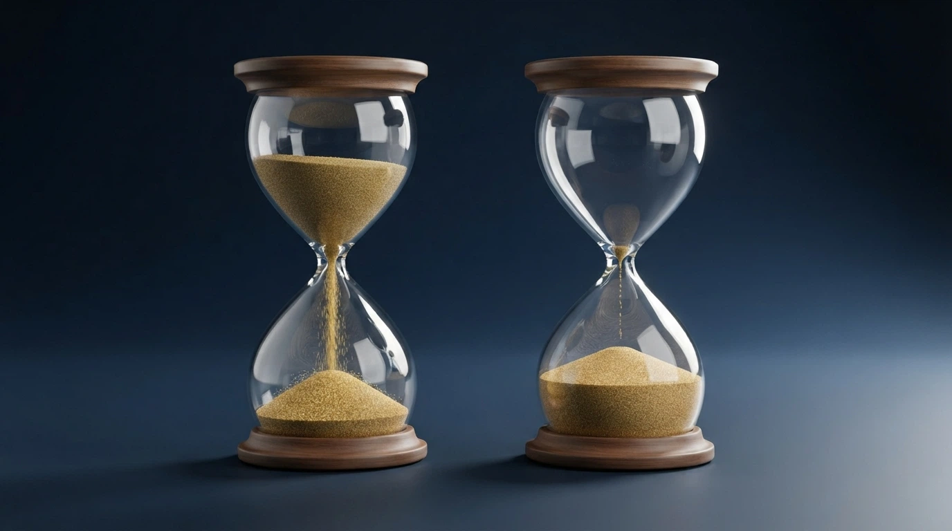 Due clessidre affiancate: una quasi piena con la sabbia che scorre veloce (SEPA Instant), l'altra capovolta con sabbia ferma a metà (bonifico ordinario), su sfondo blu banca