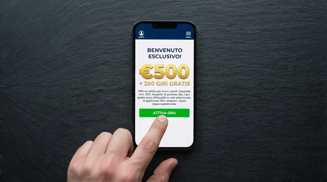 Schermata di un'offerta di benvenuto su app casinò Android con l'importo del bonus in evidenza e i termini in caratteri piccoli