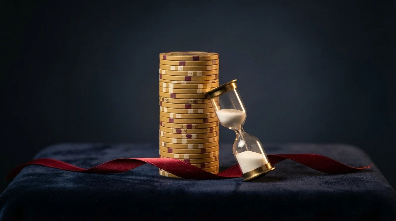 Una pila di monete Dogecoin dorate con un nastro «Benvenuto» in primo piano, affiancata da una clessidra che rappresenta la scadenza del bonus