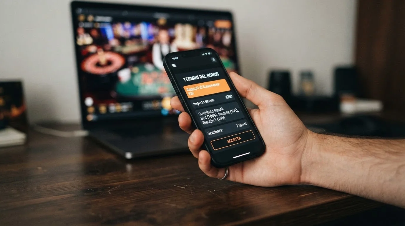 Un primo piano delle condizioni di un bonus di benvenuto con evidenziati il requisito di wagering, la contribuzione dei giochi live (0-10%) e la scadenza, su sfondo sfocato di una lobby live