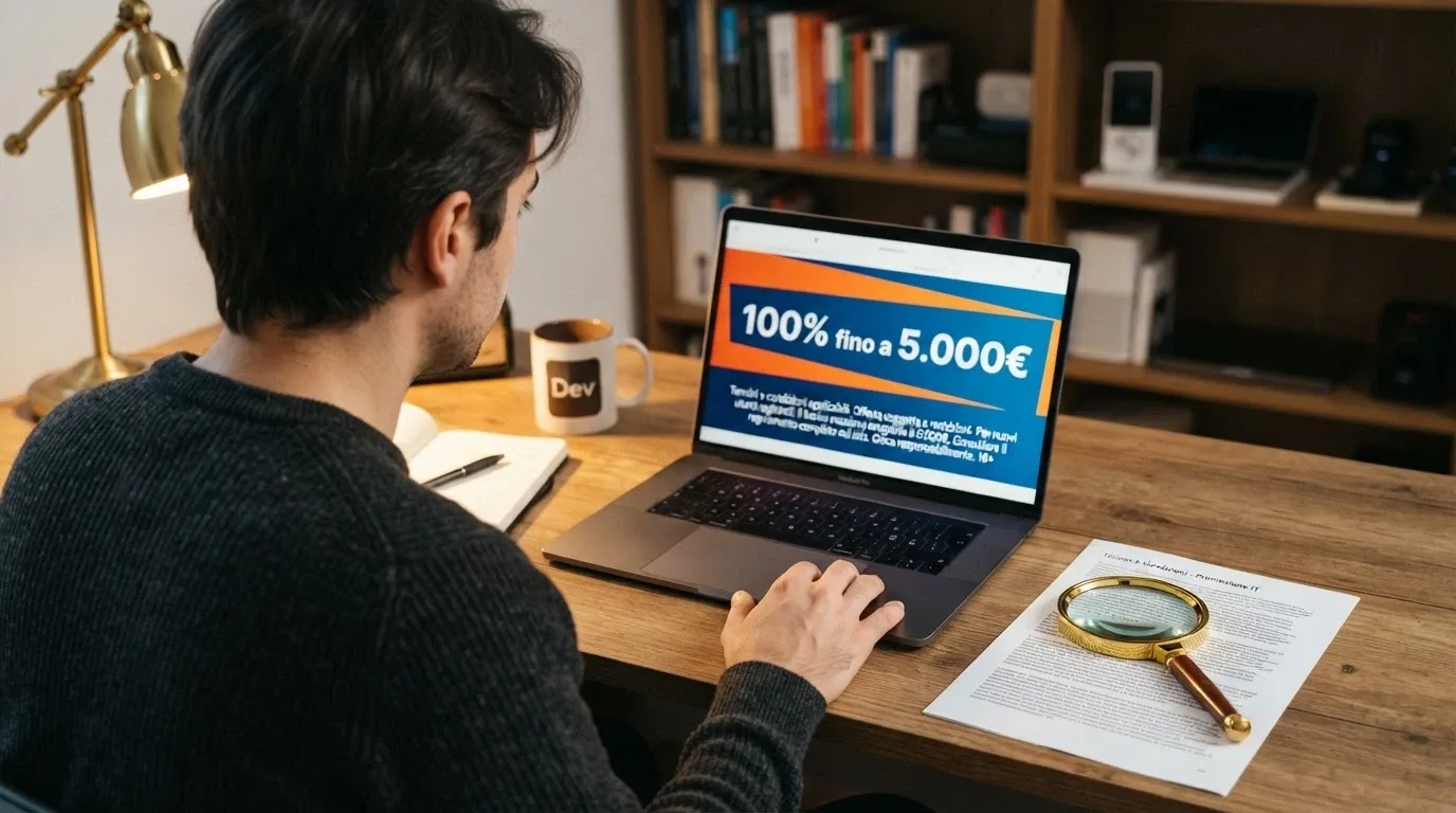 Una lente di ingrandimento su un banner promozionale «Bonus 100% fino a 5.000€», con in sovraimpressione i termini in piccolo: wagering, scadenza, conversione