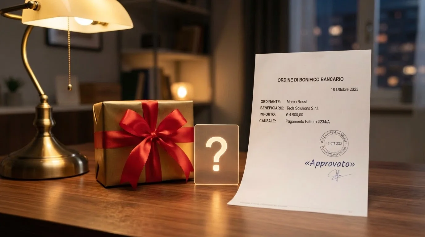 Un regalo incartato con un fiocco, accanto un bonifico bancario cartaceo con timbro «Approvato» e un punto interrogativo luminoso sospeso tra i due