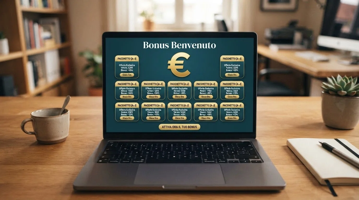 Interfaccia di un casinò online con pannello promozionale che mostra un welcome bonus suddiviso in pacchetti