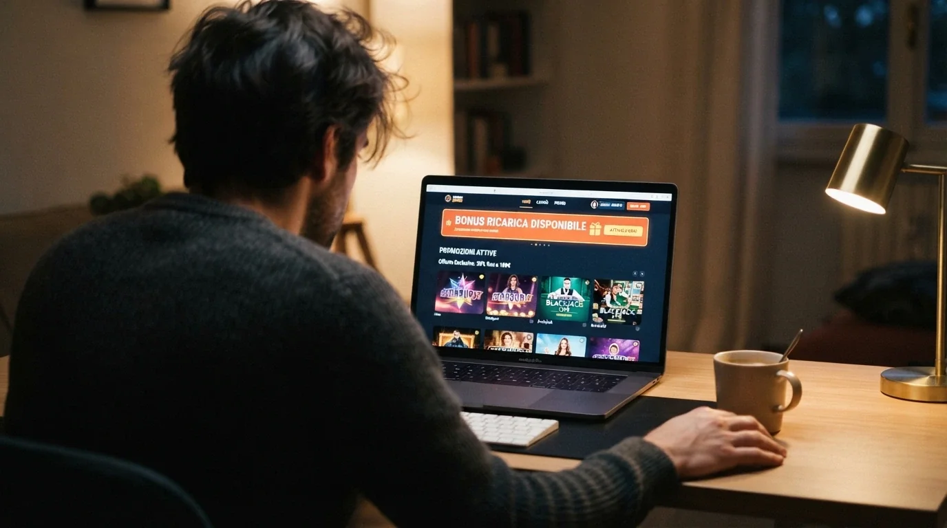 Un giocatore consulta la sezione promozioni della propria area personale su un casinò online, con una notifica di «bonus ricarica disponibile» in evidenza