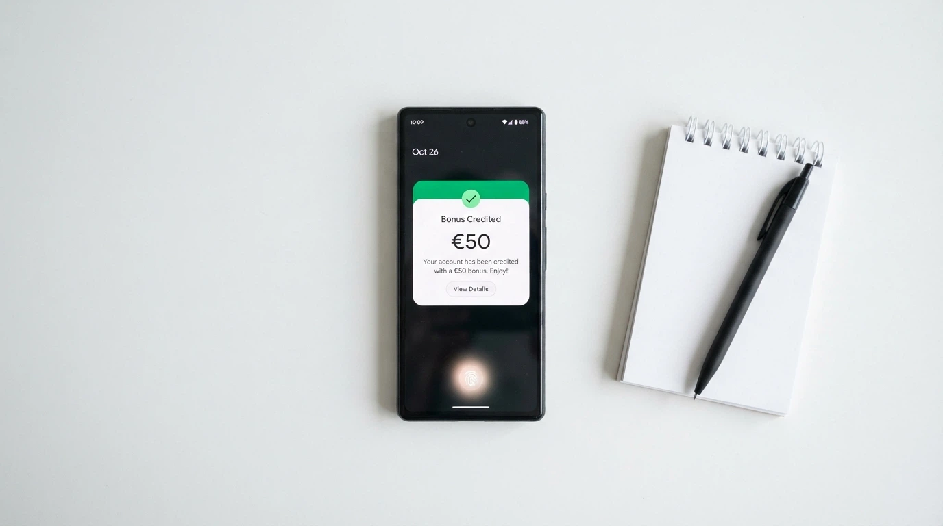 iPhone con la schermata di accredito di un bonus senza deposito e il saldo in euro visibile in alto