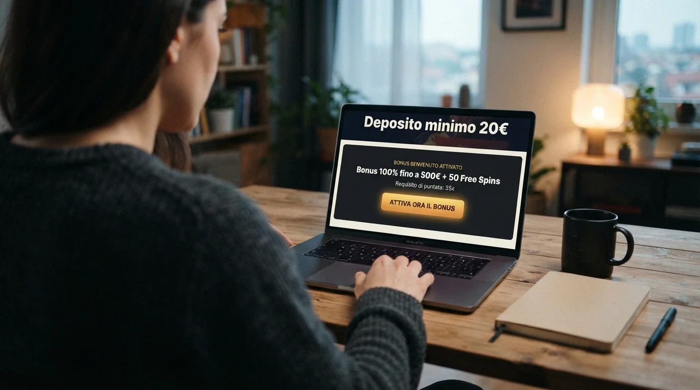 Schermata di attivazione di un bonus di benvenuto su un casinò online, con l'indicazione «deposito minimo 20€ per attivare il bonus» in evidenza
