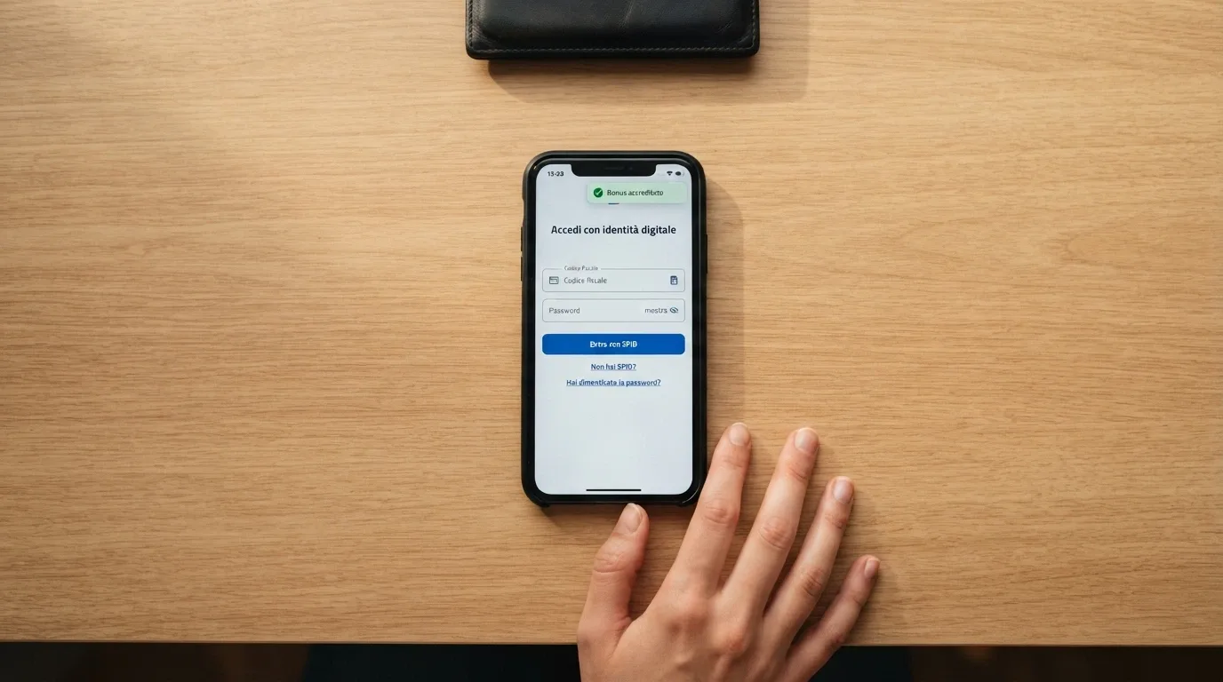Uno smartphone che mostra la schermata di login SPID accanto alla notifica di accredito di un bonus casinò