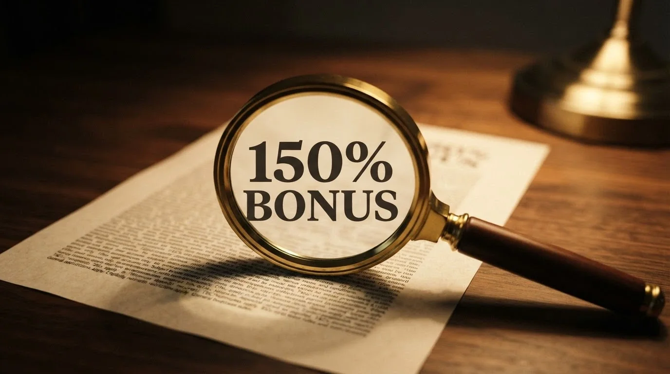 Un primo piano di una lente d'ingrandimento su un contratto con la scritta «150% bonus» in grande e «wagering 50x» in piccolo quasi invisibile