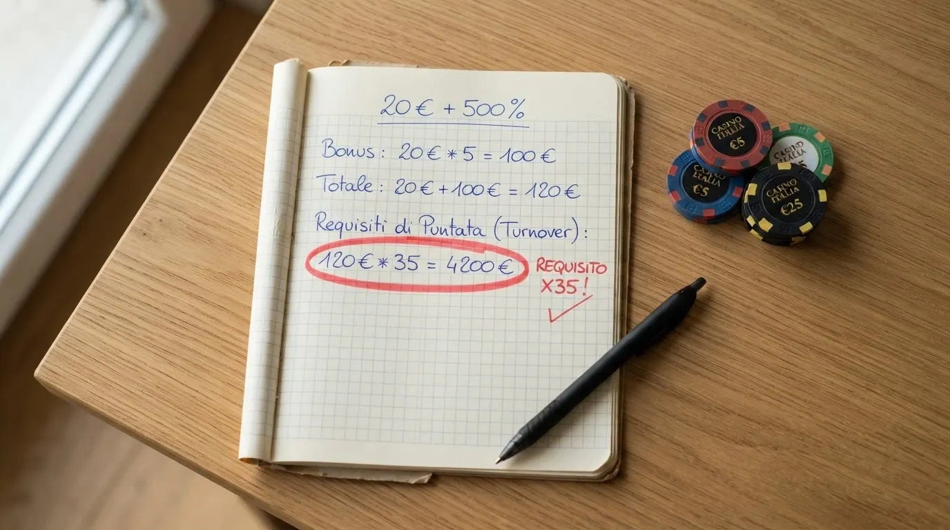 Un foglio di calcolo con le cifre di un deposito da 20€ e il bonus 500% applicato, con il turnover evidenziato in rosso