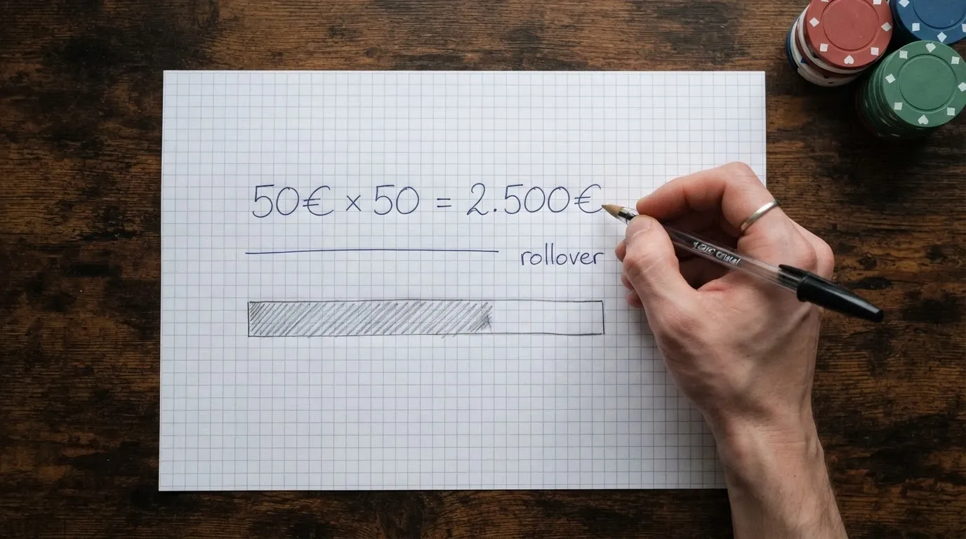 Una calcolatrice stilizzata che moltiplica 50€ per 50x mostrando il risultato di 2.500€, con una barra di progresso del rollover parzialmente completata.