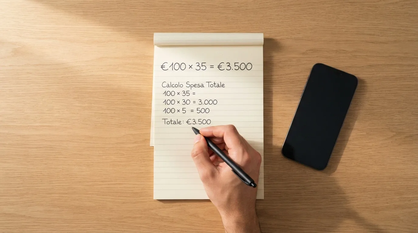 Una calcolatrice accanto a un blocco note con la formula del wagering scritta a mano: importo bonus × moltiplicatore = volume di gioco richiesto