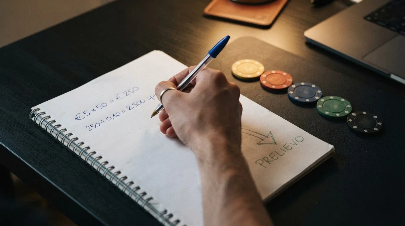 Una calcolatrice accanto a una pila di fiches che si riduce progressivamente, con una freccia che indica la soglia «Prelievo» in fondo