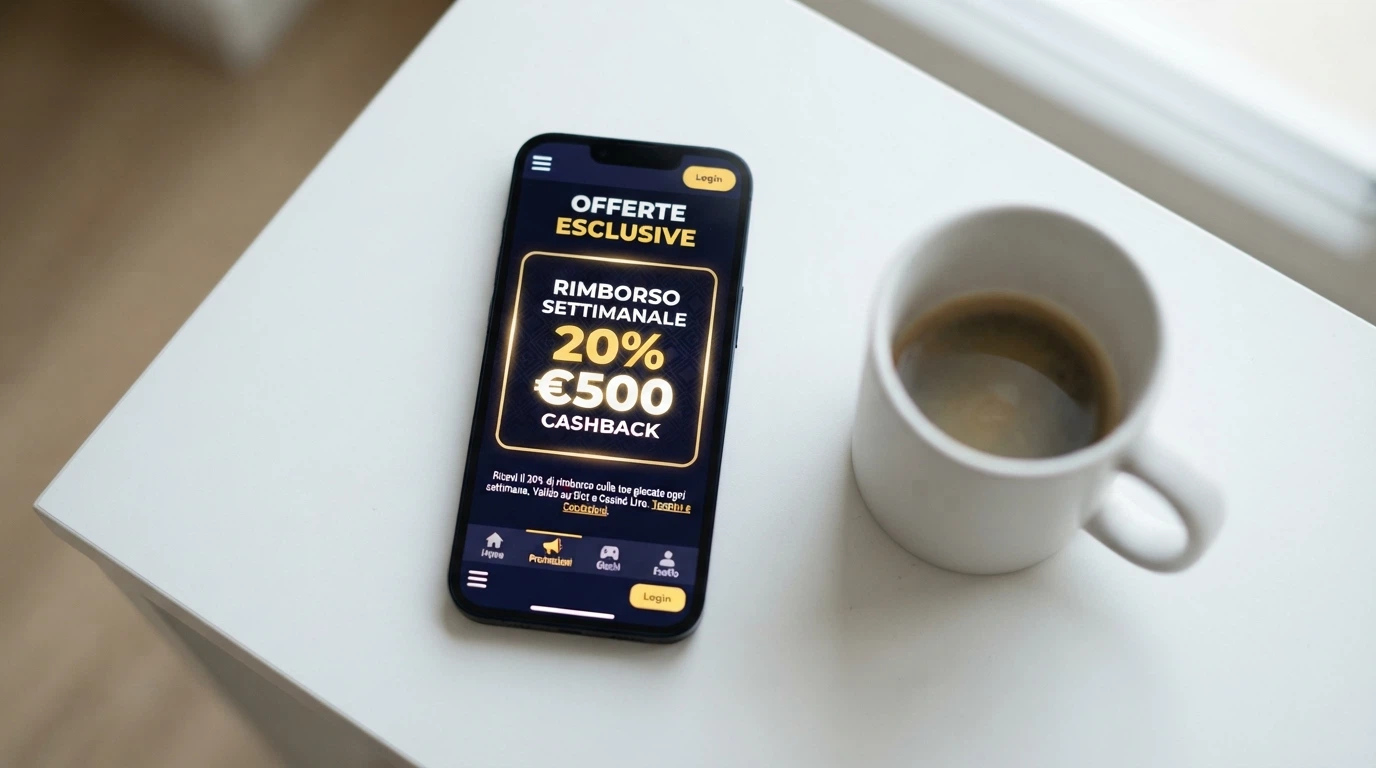 Smartphone che mostra la pagina promozioni di un casinò online con evidenziata la sezione cashback