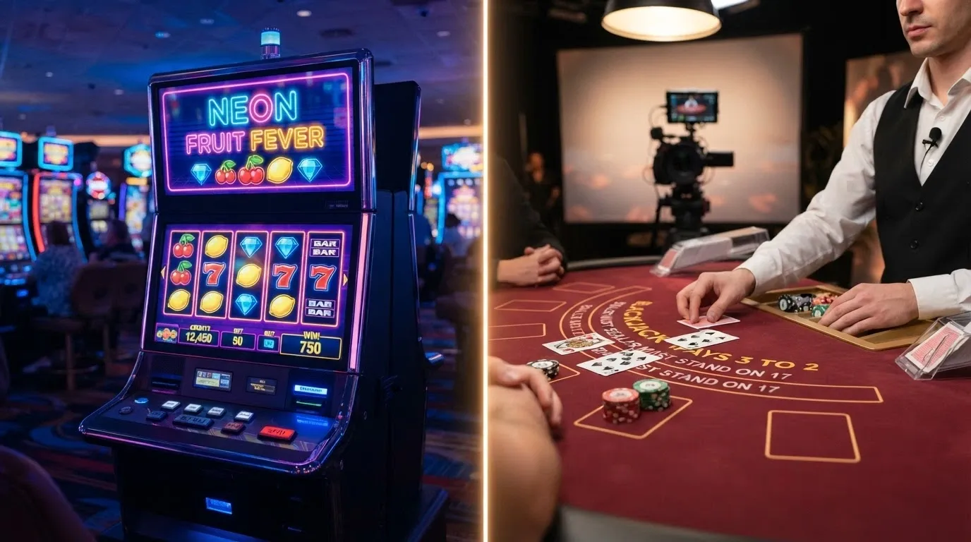 Schermata divisa: a sinistra una slot machine digitale, a destra un tavolo di blackjack dal vivo con dealer in streaming