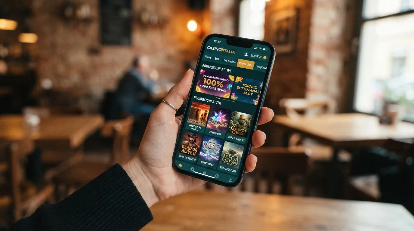 Una mano che tiene uno smartphone in orizzontale con l'interfaccia di un casinò mobile aperta sulla sezione promozioni