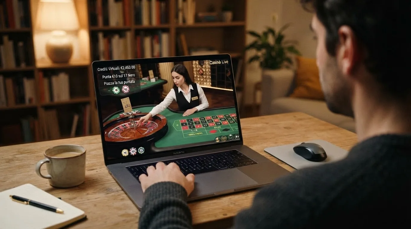 Una croupier dal vivo in streaming con un tavolo da roulette, e in sovrimpressione l'indicatore «Crediti Virtuali» al posto del saldo reale
