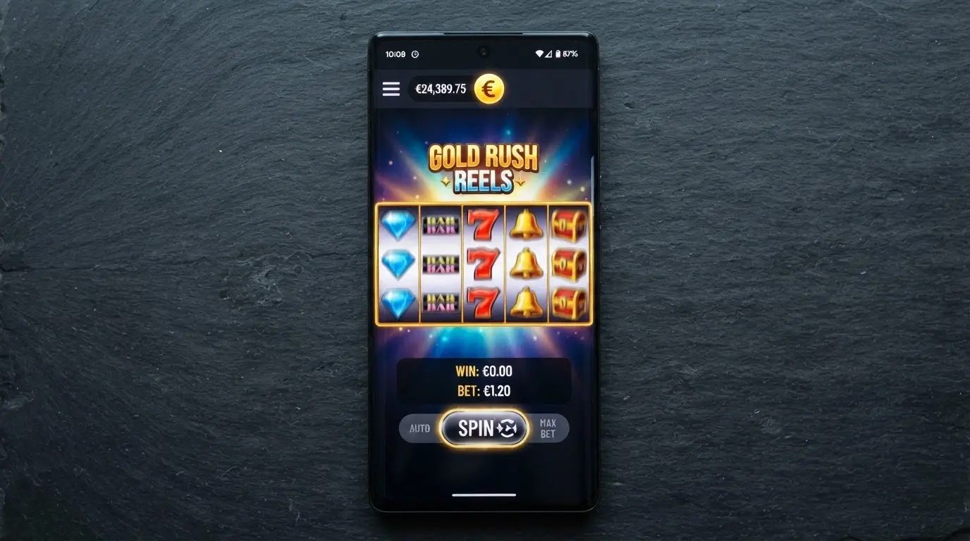 Un giro di slot in esecuzione su smartphone con interfaccia casinò mobile, affiancato da icona app e icona browser
