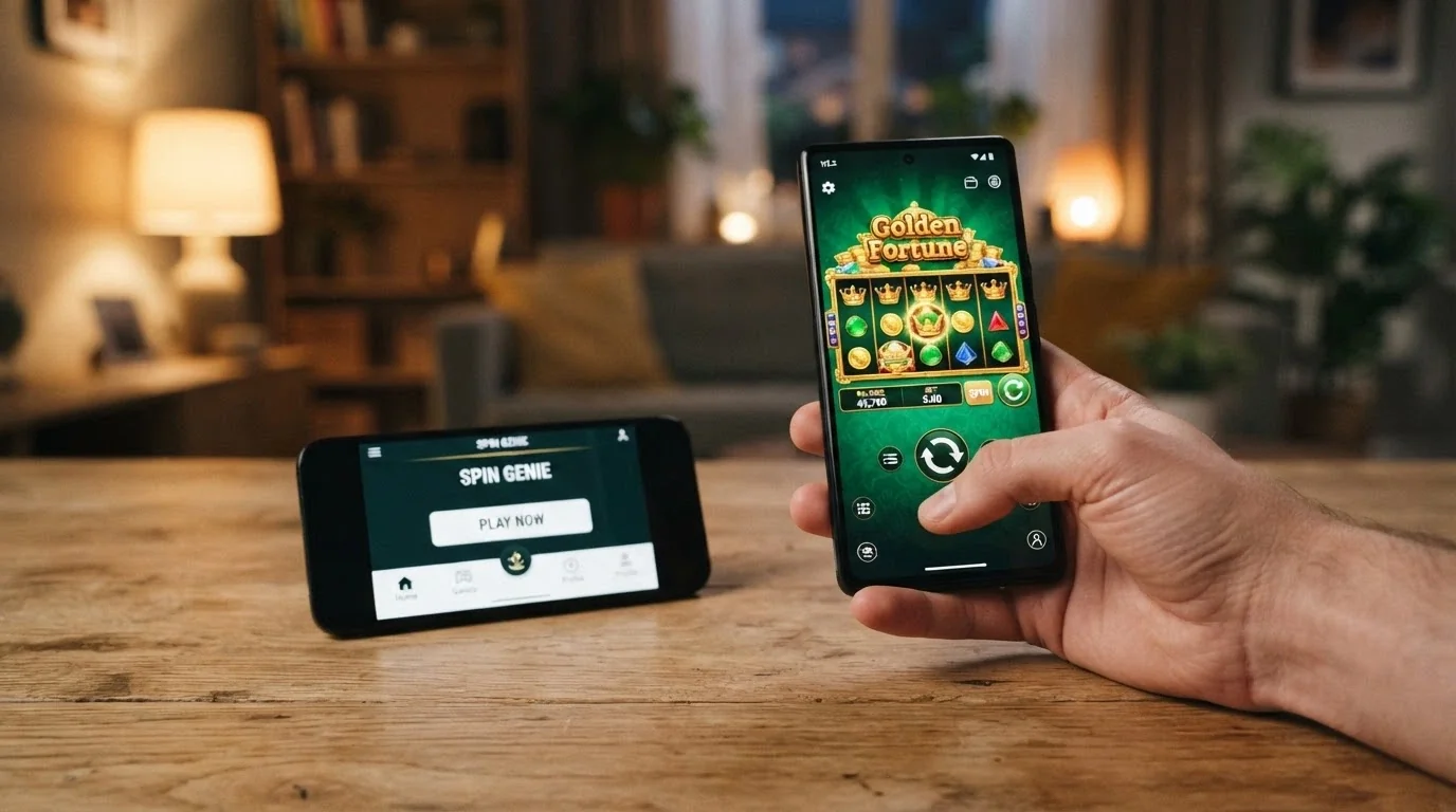 Una mano che tiene uno smartphone in verticale mostra una slot in esecuzione; accanto, lo stesso telefono in orizzontale con la stessa slot nell'app nativa