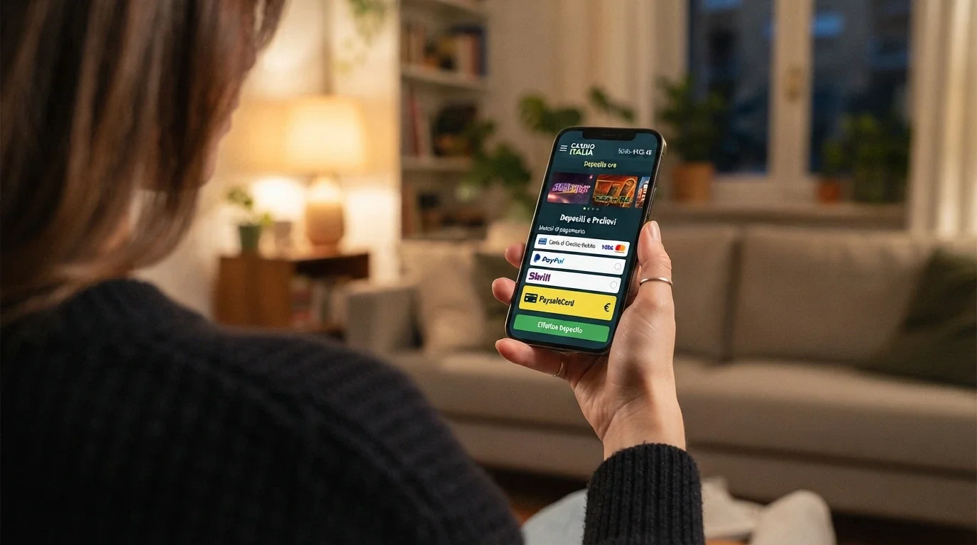 Uno smartphone in mano con l'interfaccia mobile di un casinò online aperta sul browser e il logo Postepay tra i metodi di pagamento