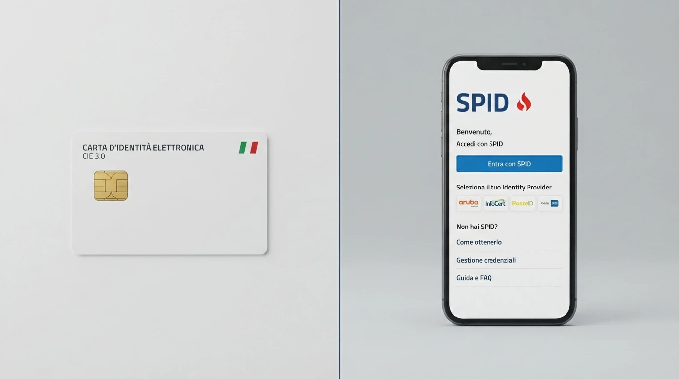 Schermata divisa: a sinistra il logo CIE con chip NFC, a destra il logo SPID con elenco di identity provider certificati