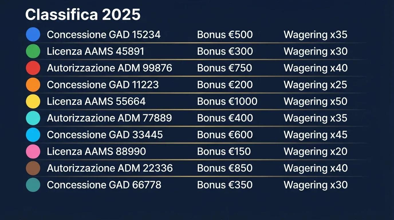 Una tabella comparativa stilizzata con loghi, valutazioni e dati chiave dei casinò recensiti