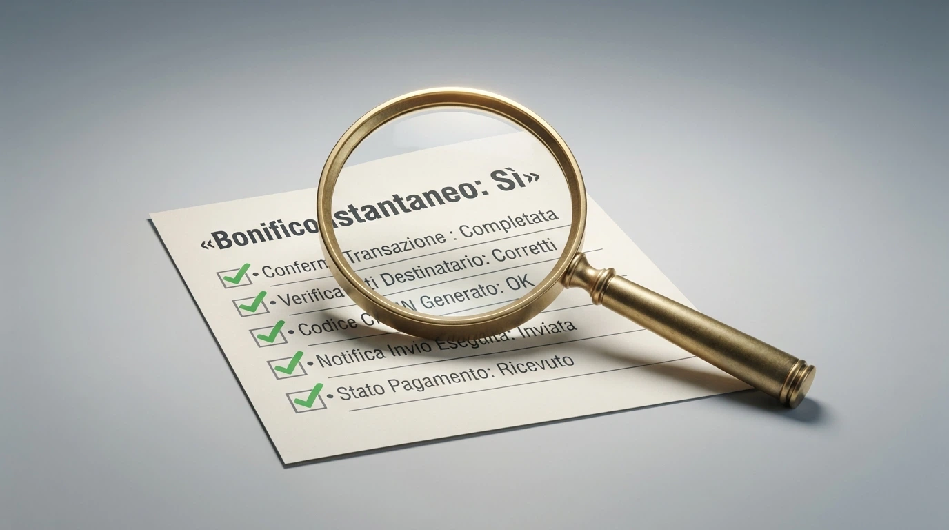Una lente di ingrandimento appoggiata su una lista con loghi di casinò e accanto la dicitura «Bonifico istantaneo: Sì» spuntata in verde su più righe