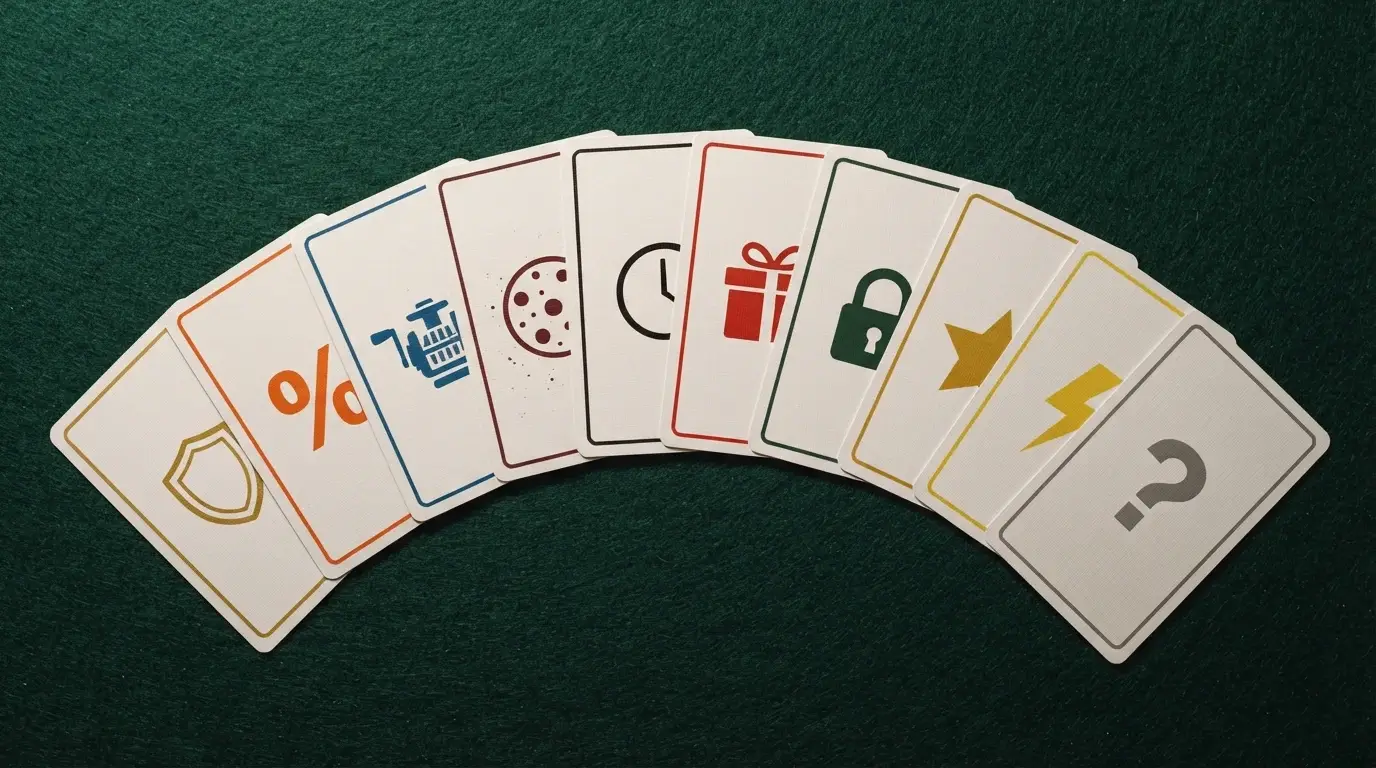 Una scrivania con dieci carte da gioco disposte a ventaglio, ciascuna con il nome di un operatore e un'icona diversa per licenza e bonus