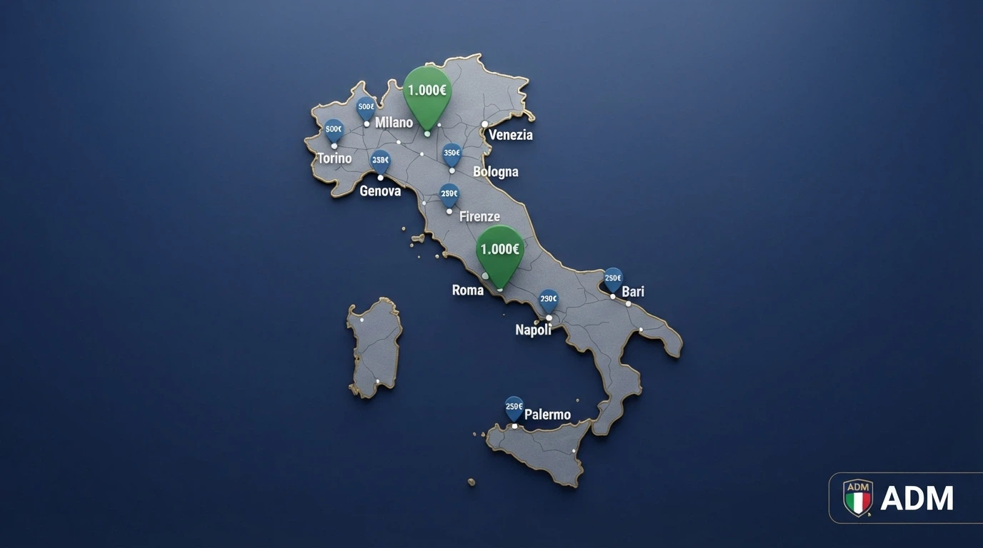 Una mappa stilizzata dell'Italia con dieci puntine colorate — due grandi (verdi) per i bonus a quattro cifre, le altre più piccole (blu) per i bonus minori, con coded colore ADM