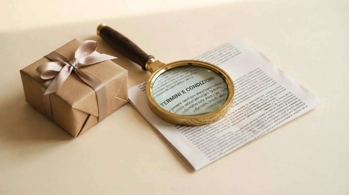 Una lente d'ingrandimento su un regalo incartato da cui spunta la scritta «Termini e condizioni» in piccolo