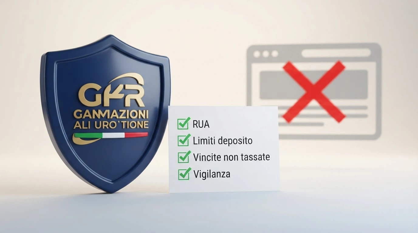 Il logo ADM in primo piano con un elenco puntato accanto — RUA, limiti deposito, vincite non tassate, vigilanza — ciascuno con un segno di spunta, mentre sullo sfondo una sagoma sbiadita di un sito senza licenza con una X rossa.