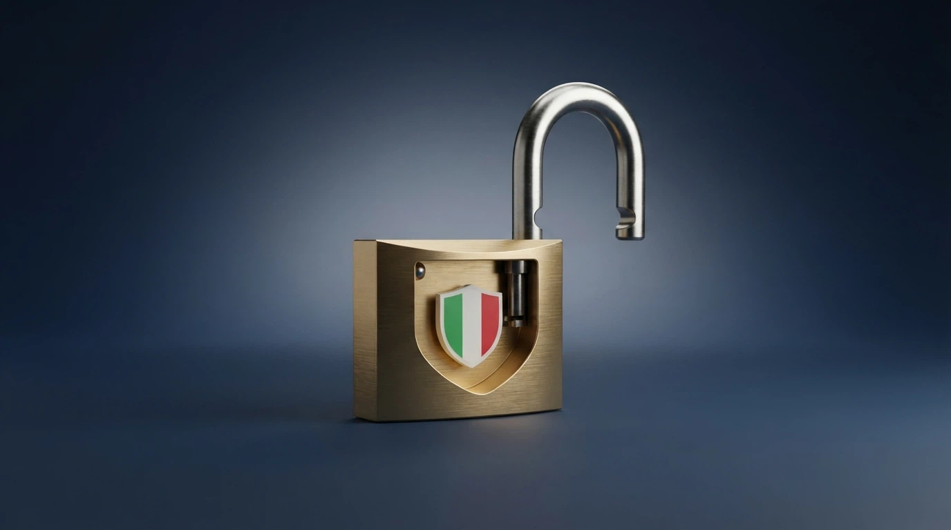 Il logo ufficiale dell'Agenzia delle Dogane e dei Monopoli accanto a un lucchetto aperto che mostra la bandiera italiana all'interno
