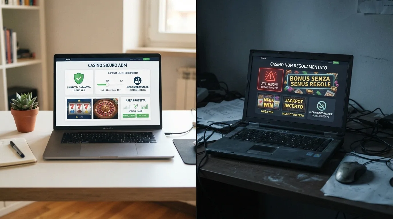 Schermo diviso: a sinistra un casinò con logo ADM e strumenti di gioco responsabile visibili, a destra un sito senza riferimenti normativi riconoscibili