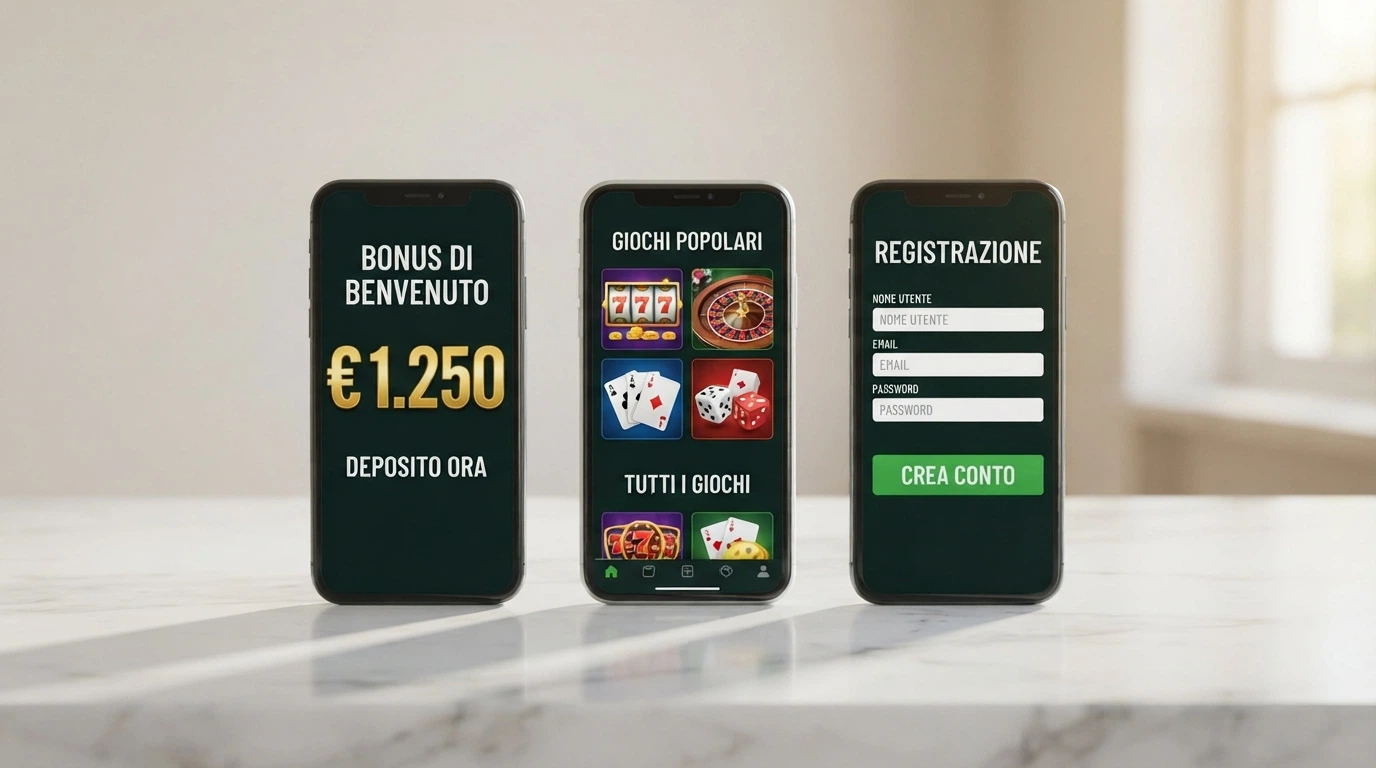 Tre smartphone Android affiancati con le schermate di benvenuto di diverse app casinò ADM